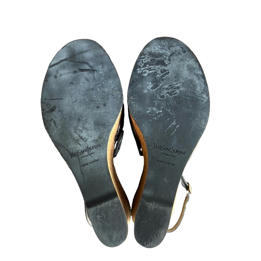 Yves Saint Laurent YSL Rive Gauche Cork Wedge Sandals Black Patent EU 39 US 8.5 - Picture 9 of 10